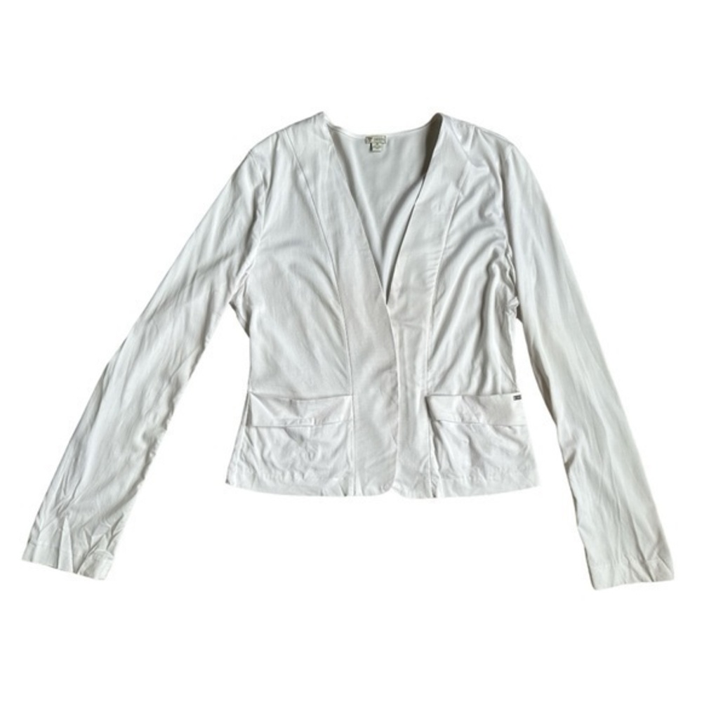 Guess, size large, soft silky, white open cardigan/blazer, pockets, elegant